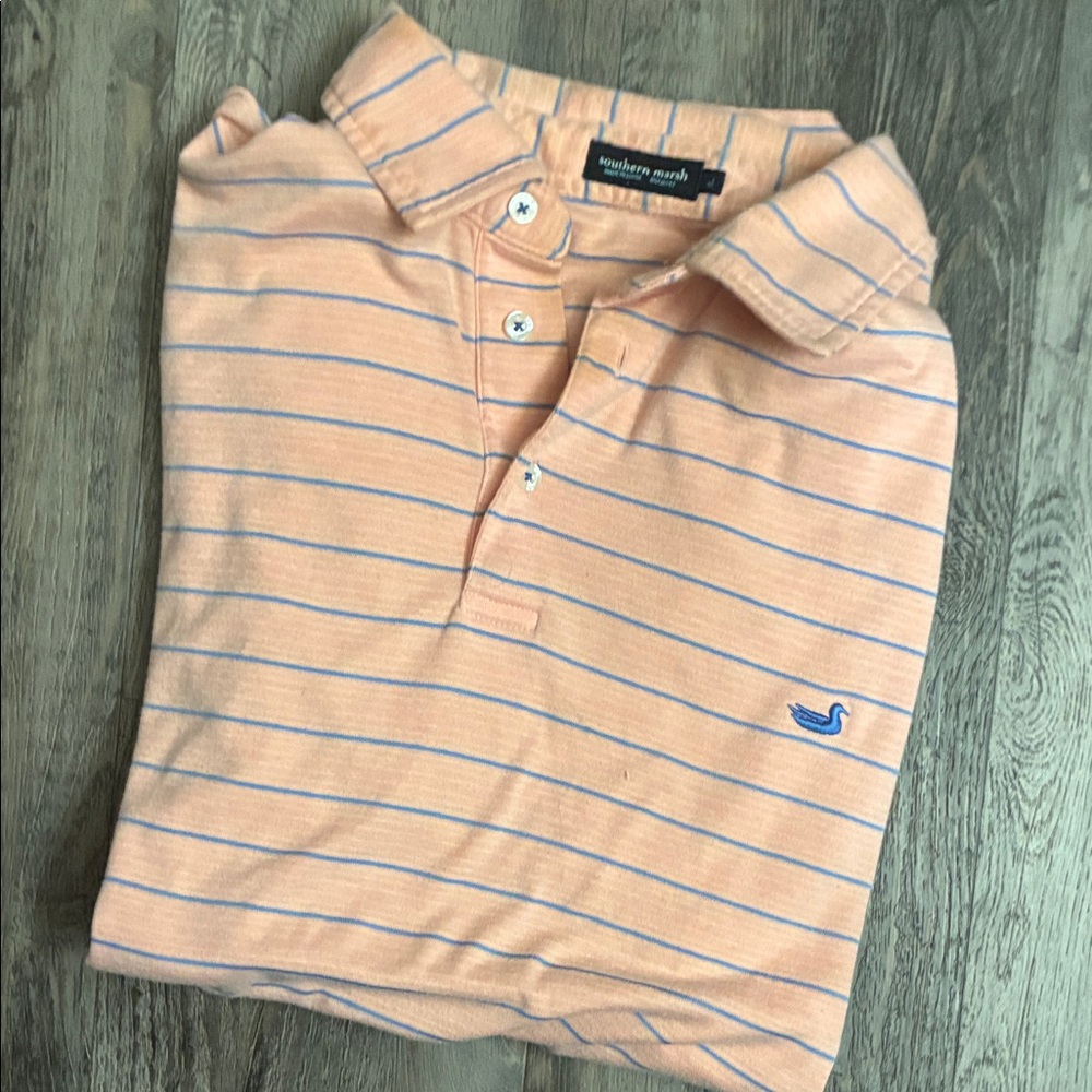 Southern Marsh Men's Peach Polo with Blue Stripes
